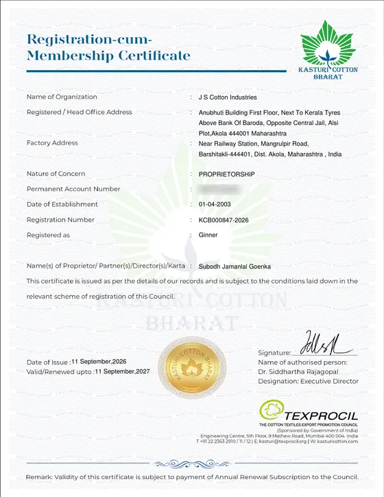 Kasturi Cotton Bharat Registration-cum-Membership Certificate, 2026