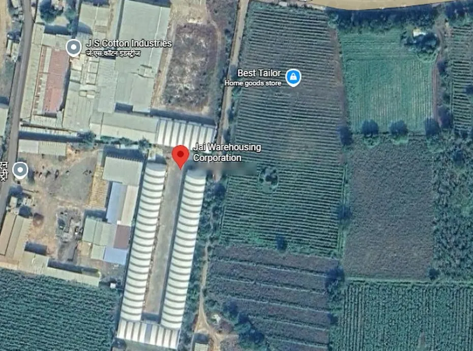 Satellite view of the Jai Warehousing Corporation godowns on SH-161A, next to the J S Cotton Industries factory